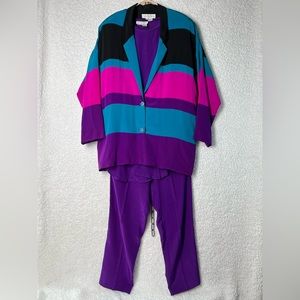 Sunny Leigh Silk Vintage 80s three piece outfit L purple pants M shirt M Jacket